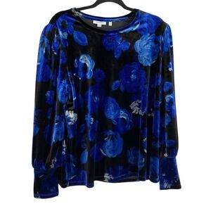 Chico's Boho Whimsigoth Dark Floral Velvet Top Women XL Dark Blue Bishop Sleeve